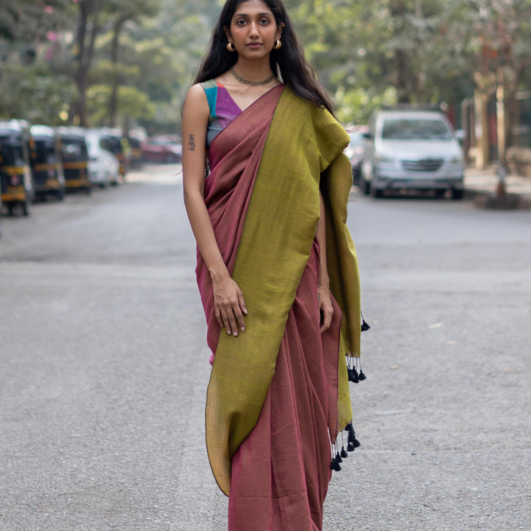 Green and Pink Handloom Cotton Saree