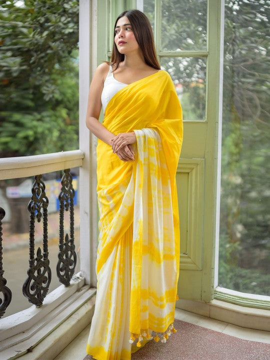 Golden Radiance" Rich Yellow & White Pure Mulmul Cotton Saree